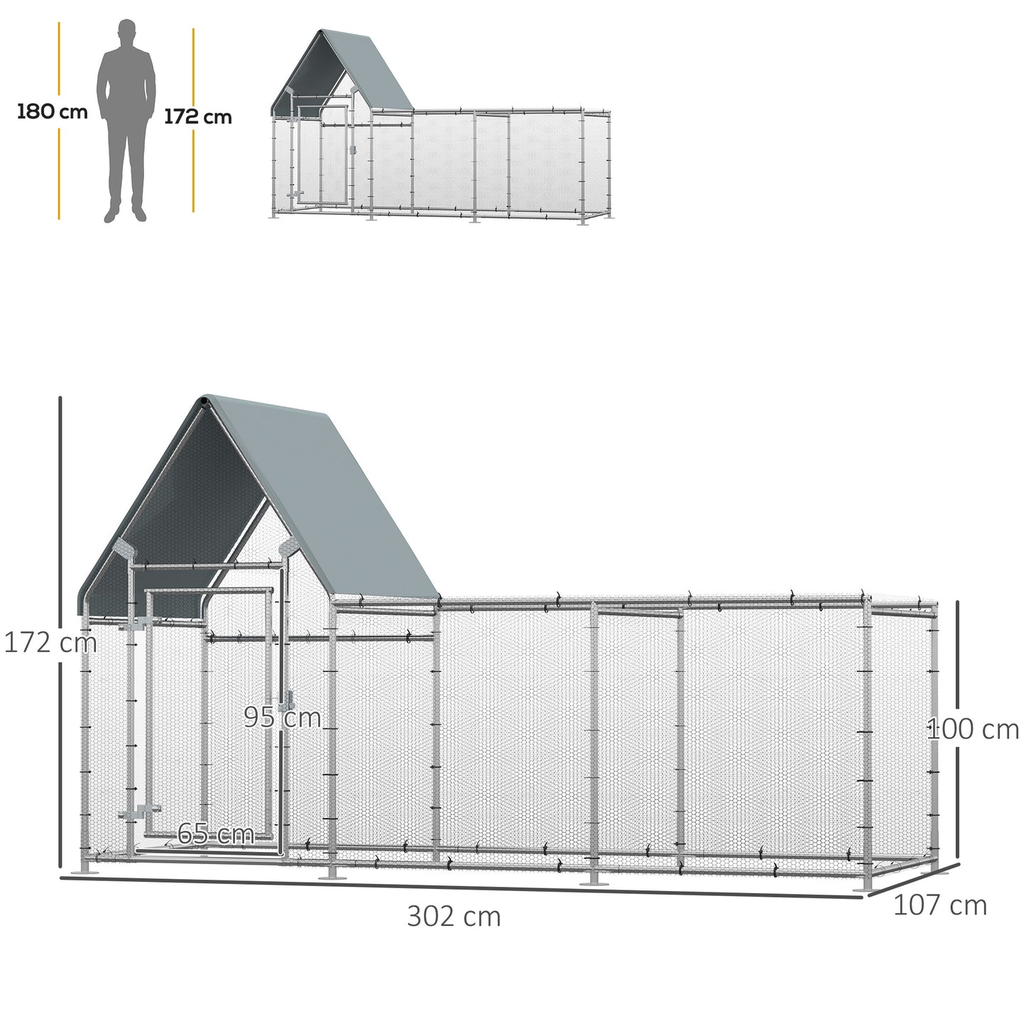PawHut Walk In Chicken Run Chicken Coop, Duża klatka dla drobiu, kurnik na zewnątrz dla 6-8 kurczaków z wodoodporną osłoną 302 x 107 x 172 cm