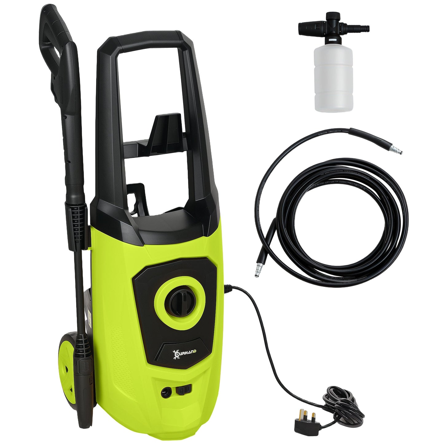 Myjka wysokociśnieniowa DURHAND 1800 W, ciśnienie 150 barów, przepływ 510 l/h, wysokowydajna przenośna myjka ciśnieniowa z wężem 6 m, butla z pianą śnieżną do ogrodu, samochodu, mebli, zielona