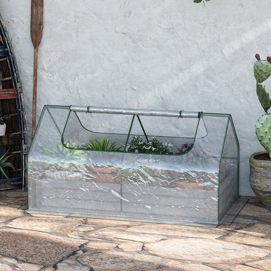 Outsunny Raised Garden Bed with Greenhouse, Steel Planter Box with Plastic Cover, Roll Up Window, Dual Use for Flowers, Vegetables, Fruits and Herbs, 185L x 95W x 92H cm, Clear