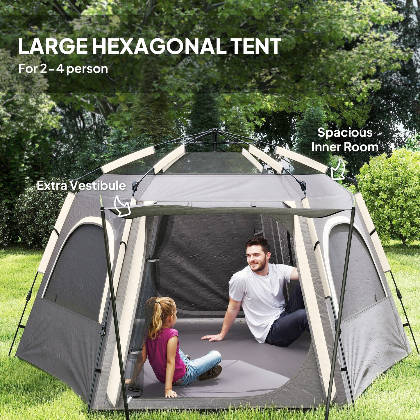 Outsunny Instant Pop Up Camping Tent, 2/3/4 osobowy łatwy w rozkładaniu namiot rodzinny z przedsionkiem, tropikiem, 4 oknami z siatki i 2 drzwiami, sześciokątny design, wodoodporny i z ochroną UV, ciemnoszary