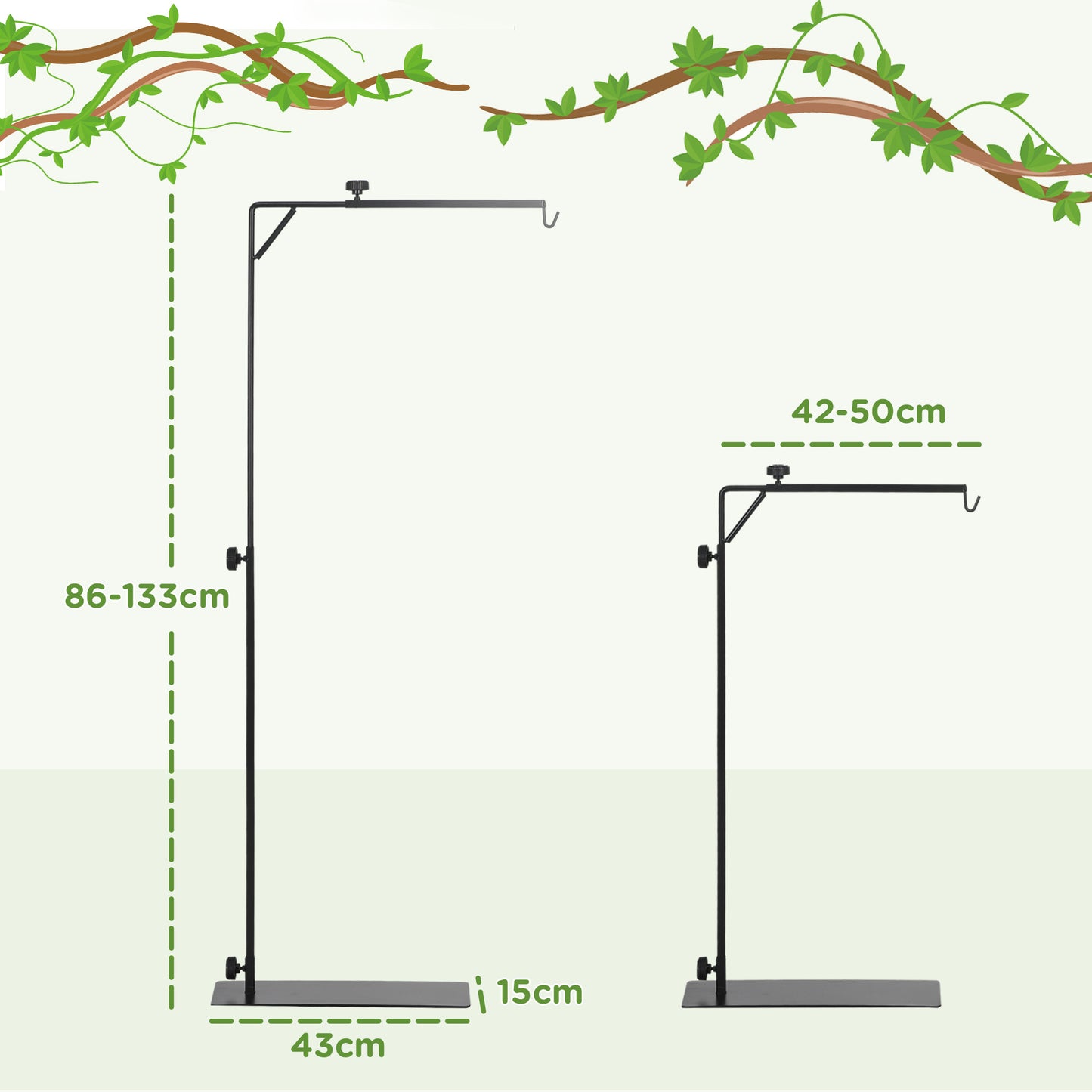 PawHut 86-129Hcm Adjustable Height and Length Reptile Lamp Stand Holder with Hook Hanging, Base - Black