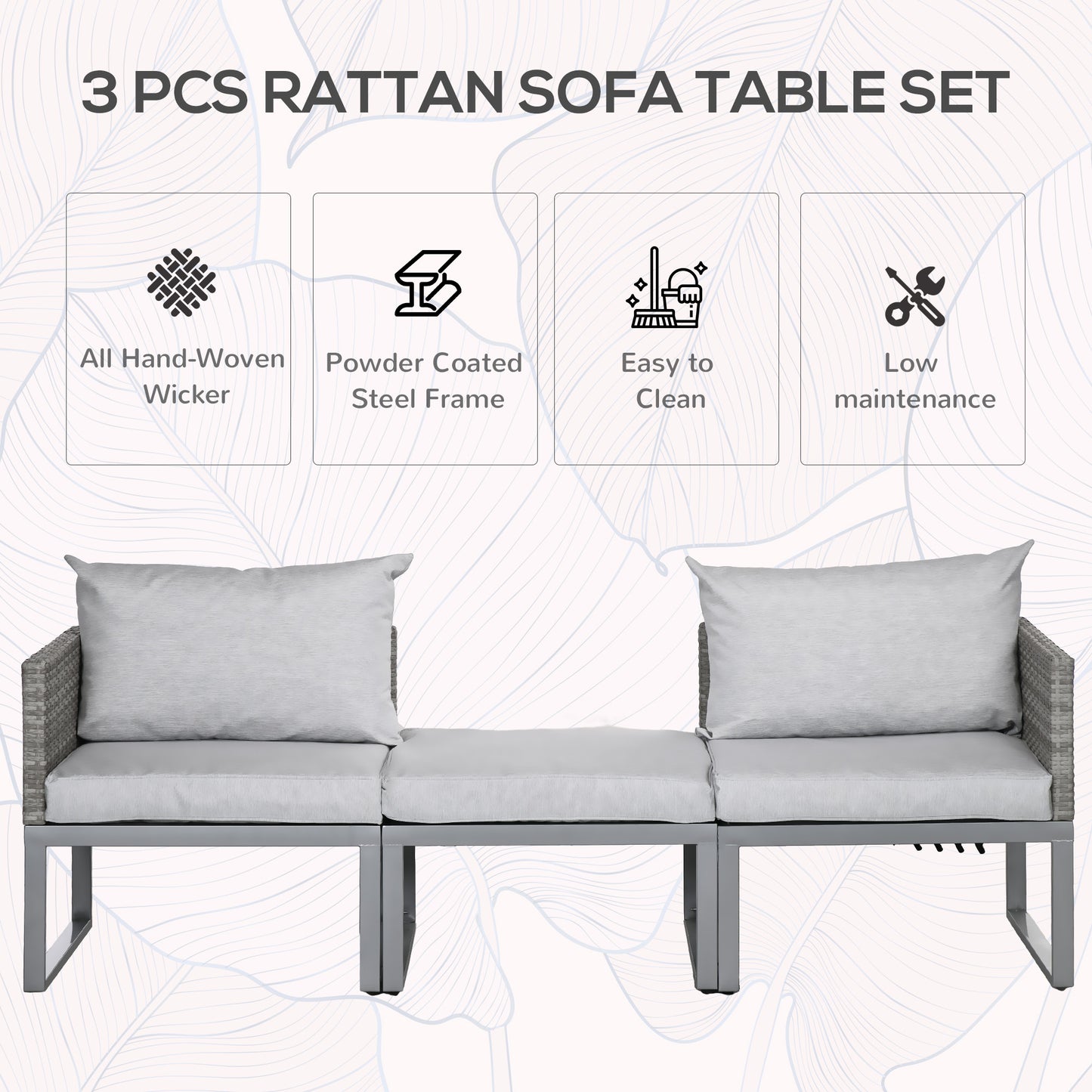 Zestaw Outsunny 3 w 1 Rattan Bistro, Zestaw mebli ogrodowych z wikliny z 2-poziomowym podnoszonym stołem, Regulowana 3-osobowa sofa leżanka ze zmywalnymi poduszkami na zewnątrz, patio, balkon, Szary