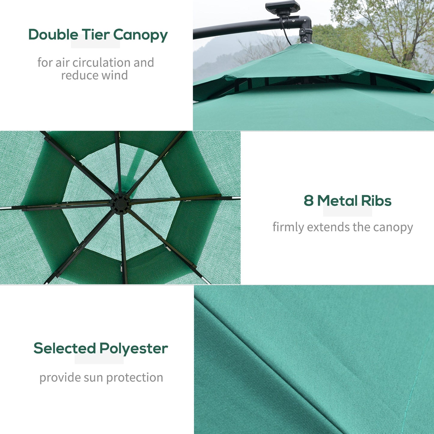 Outsunny 3m LED Light Overhanging Parasol - Green