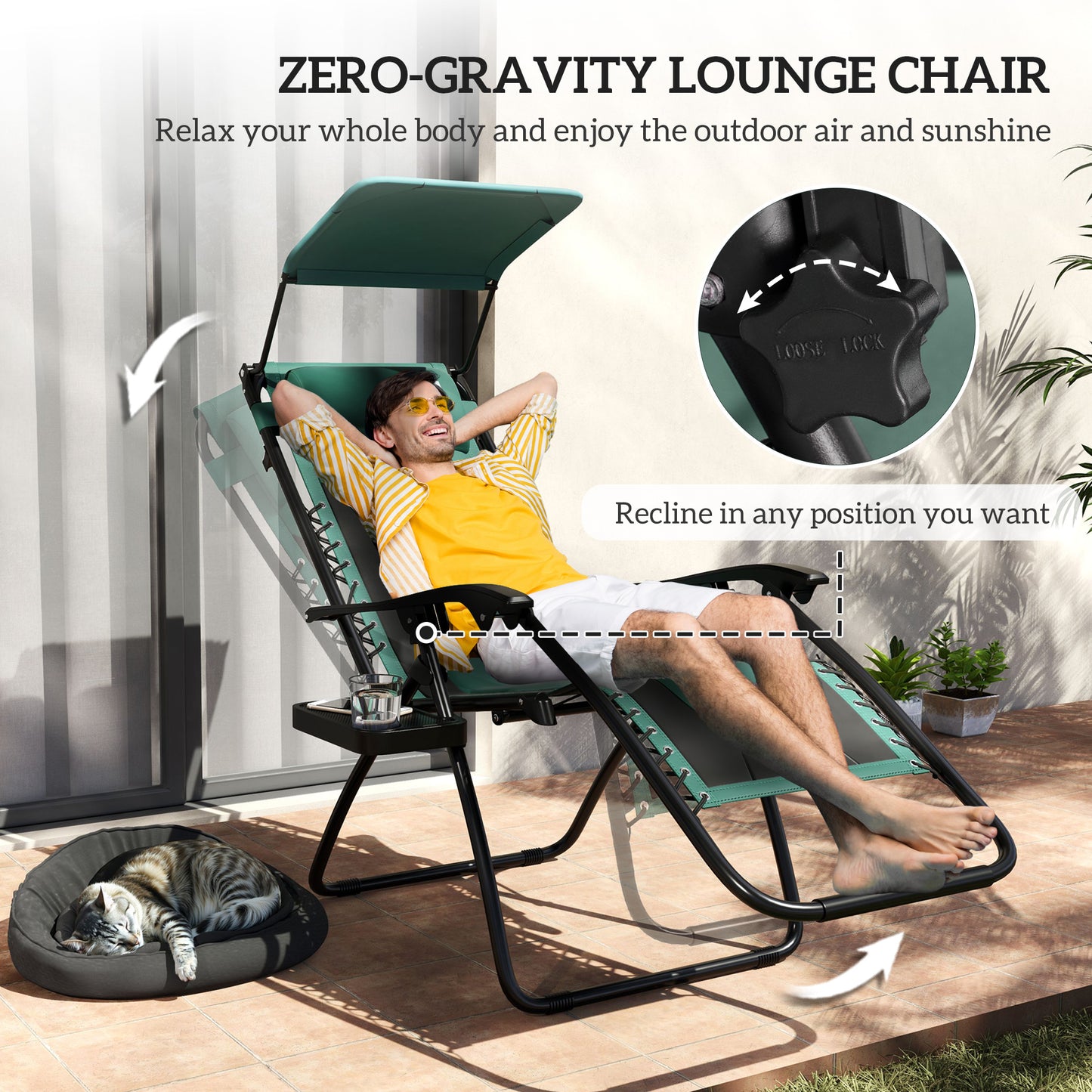 Outsunny Zero Gravity Lounger Chair Set of 2, składany rozkładany fotel ogrodowy z osłoną przeciwsłoneczną, wyściełanym siedziskiem, uchwytem na kubek, miękką poduszką i zagłówkiem do użytku przy basenie, kempingowy, zielony