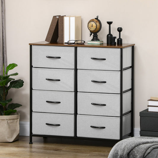 HOMCOM Fabric Chest of Drawers, Industrial Bedroom Dresser with 8 Fabric Drawers, Steel Frame and Wooden Top for Nursery, Living Room, Hallway, Grey