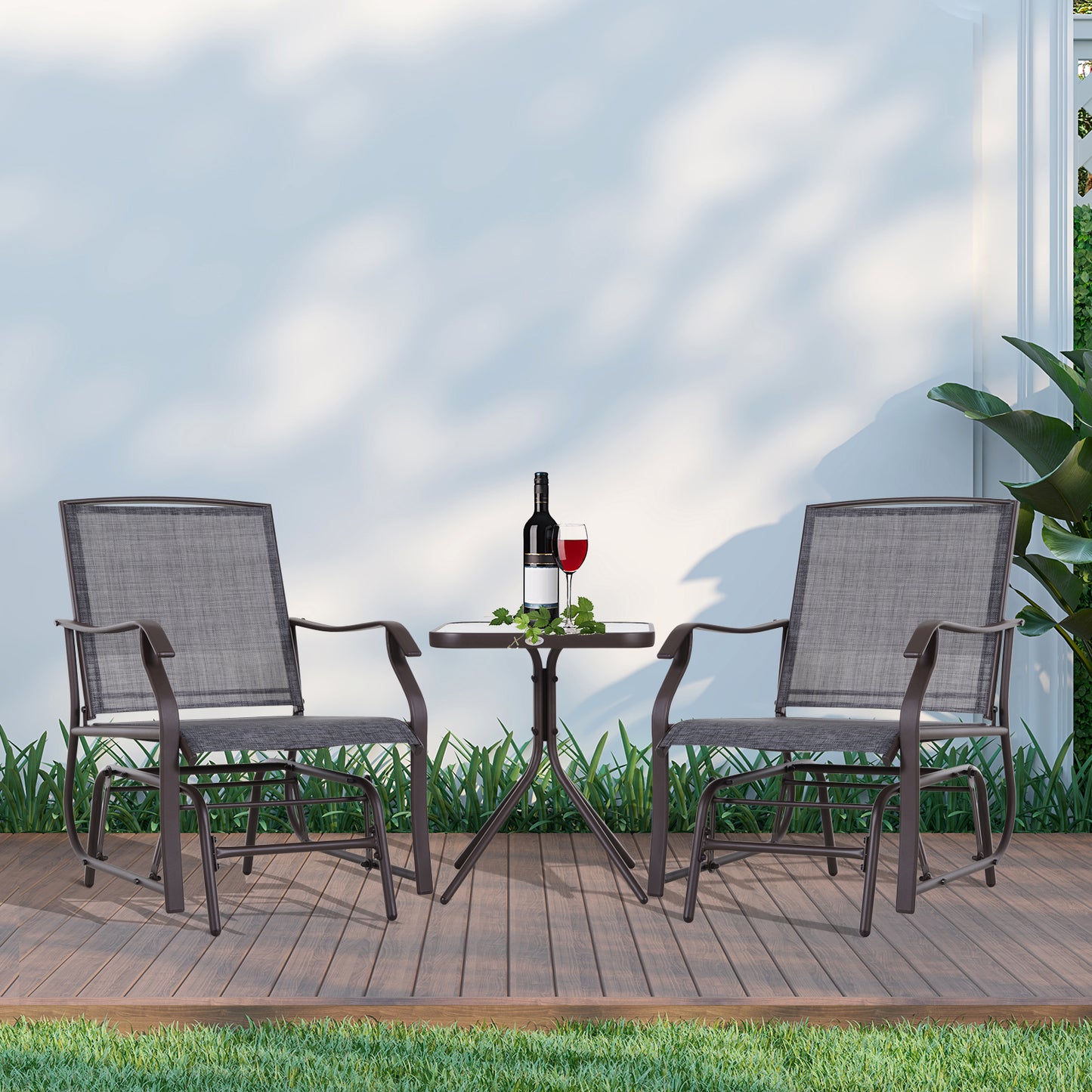 Outsunny Glider Bujany fotel i zestaw stołowy 2 pojedyncze fotele Bujany ogrodowy huśtawka Patio Meble Bistro Zestaw Szary
