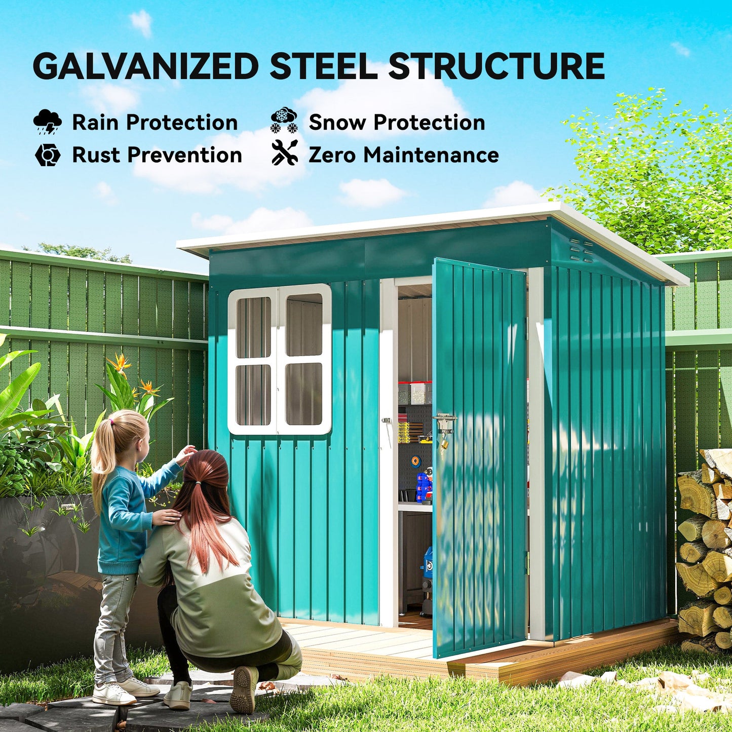 Outsunny 7 x 4ft Galvanised Steel Garden Shed, with Lock and Gloves - Green