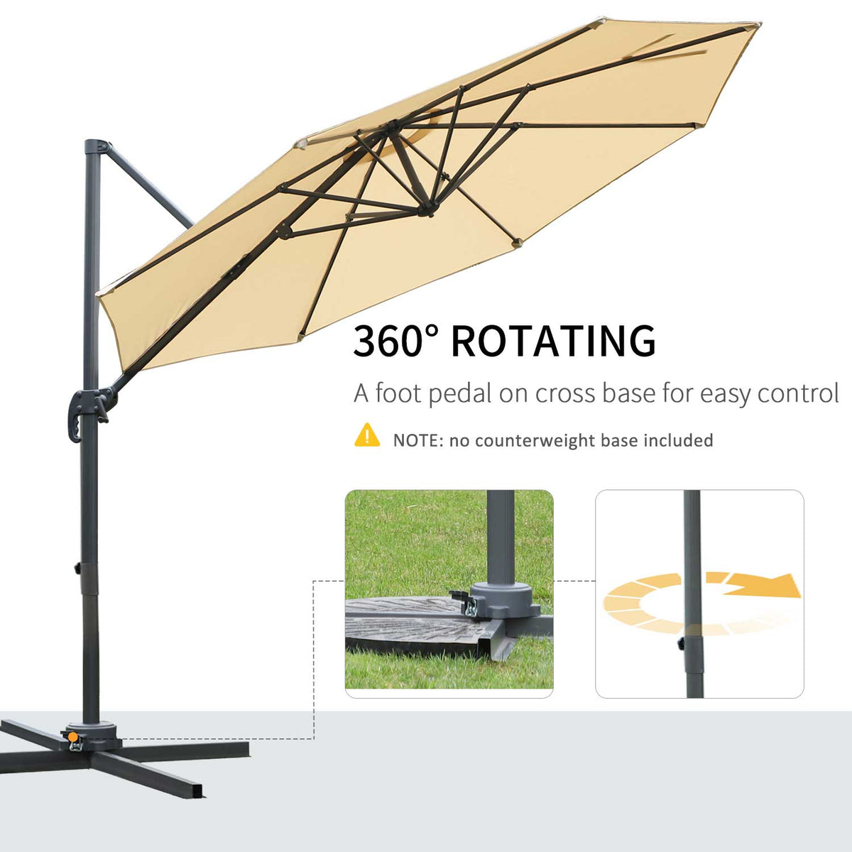 Outsunny Round Umbrella Parasol with Tilt 360° Rotation and Hand Crank Cross Base - Beige