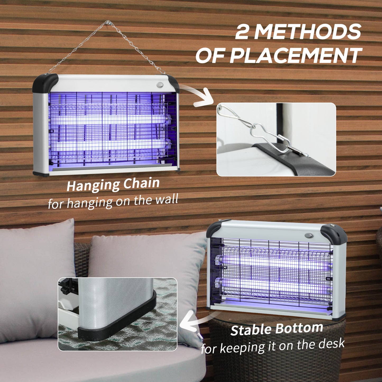 Outsunny 30W Electric Fly Zapper, Bug Zapper with UK Plug, 2 UV Bulbs, Hanging Chain, On/Off Switch and Removable Catch Tray, 60√£≈Ω¬° Coverage Insect Mosquito Killer for Indoor and Outdoor Use, Silver