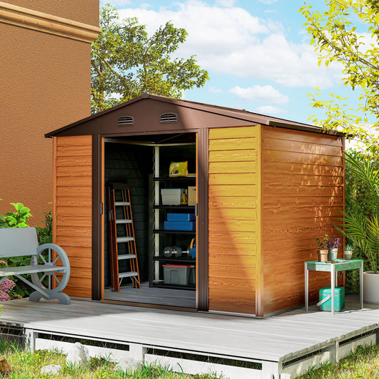 Outsunny 9 x 6ft Metal Garden Shed, House Hut Gardening Tool Storage with Ventilations, Sliding Door, Sloped Roof for Garden, Patio, Brown