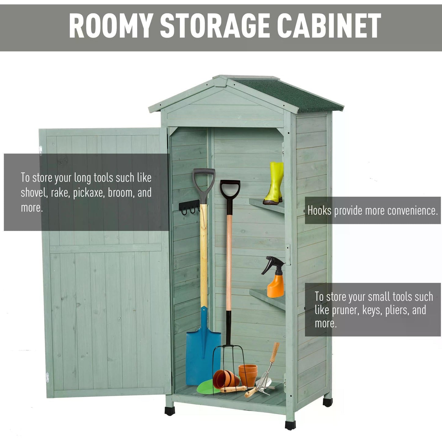 Outsunny Wooden Garden Shed, Outdoor Storage Cabinet with 2 Shelves and Hooks, Locking Organiser Outdoor Narrow Tool House, 74x55x155cm, Green