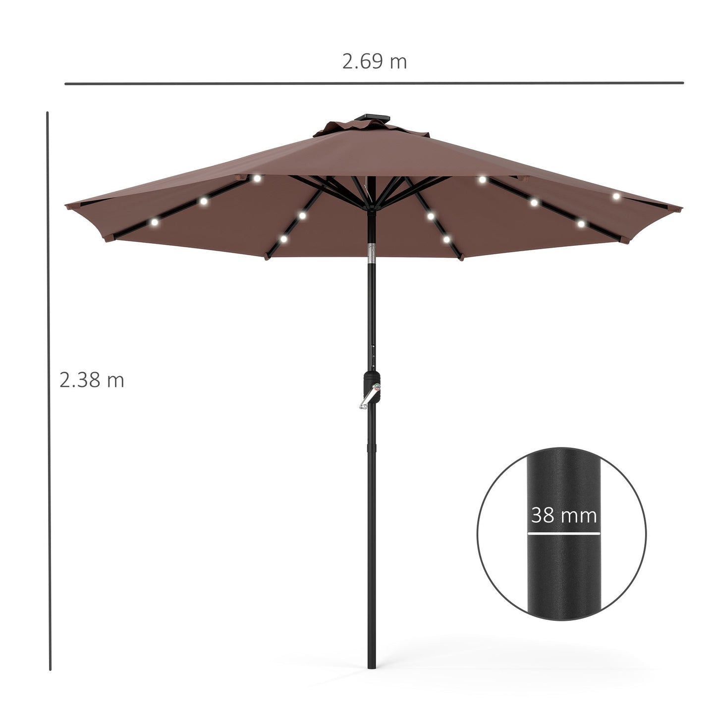 Outsunny â2.7m Garden 24 LED Light Parasol Solar Outdoor Tilt Sun Umbrella Patio Club Party Event Manual Sun Shade w/ Hand Crank and 8 Ribs, Brown