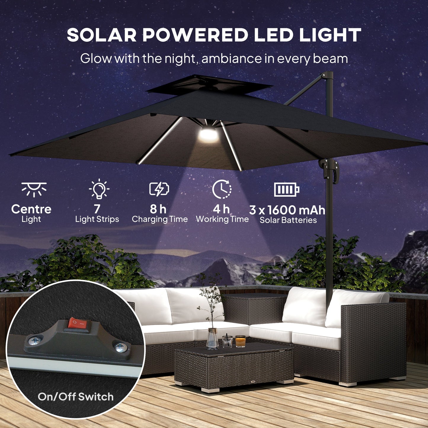 Outsunny 2,5 m parasol wspornikowy z lampami LED zasilanymi energią słoneczną, obrót 360√Ǭ∞, regulacja nachylenia, korba, ciemnoszary