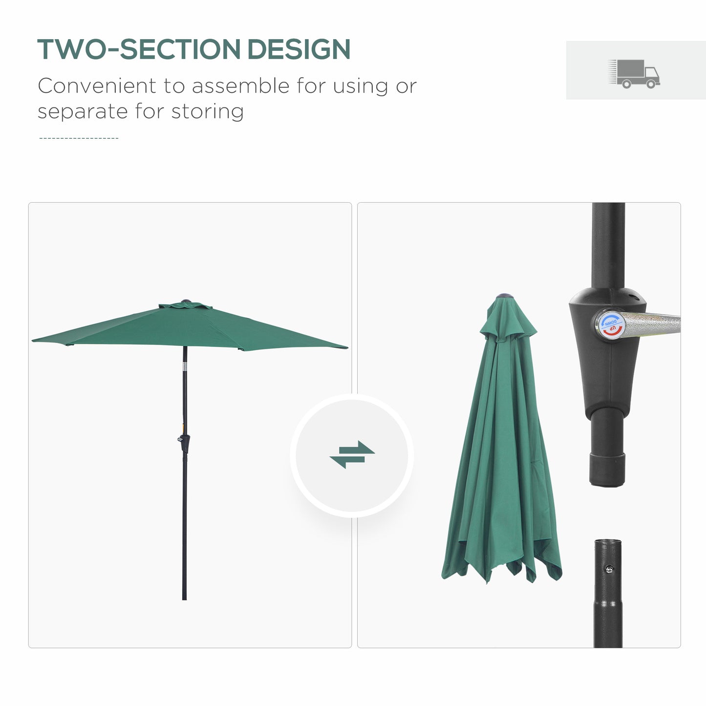 Outsunny 2,6M Parasol ogrodowy z pochyleniem i korbą, zewnętrzny parasol przeciwsłoneczny z aluminiową ramą, zielony