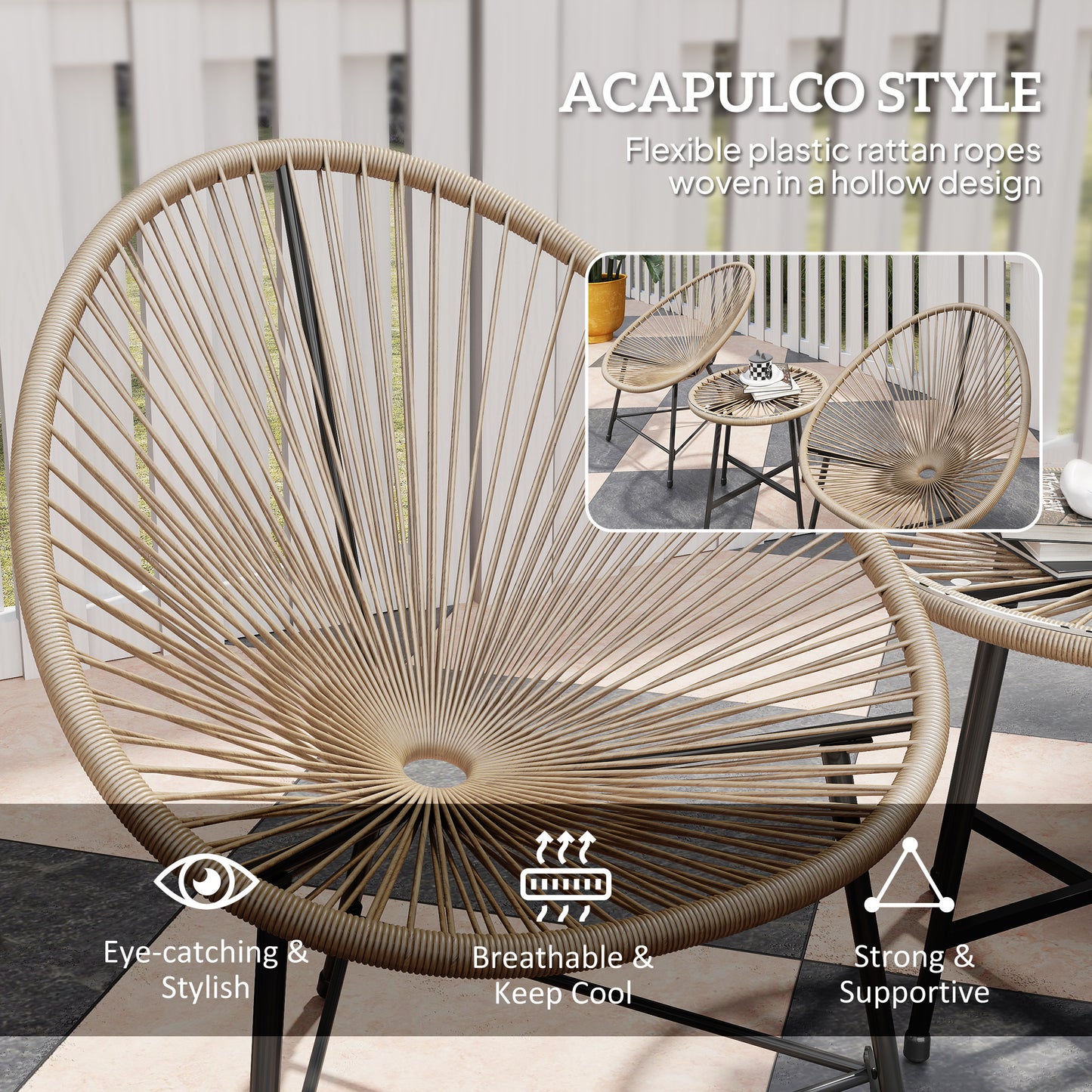 Outsunny 3-częściowy zestaw bistro z rattanu, zestaw ogrodowy bistro z krzesłami Acapulco i szklanym blatem, mały zestaw mebli ogrodowych ze wzmocnioną metalową ramą na zewnątrz, patio, balkon, naturalny