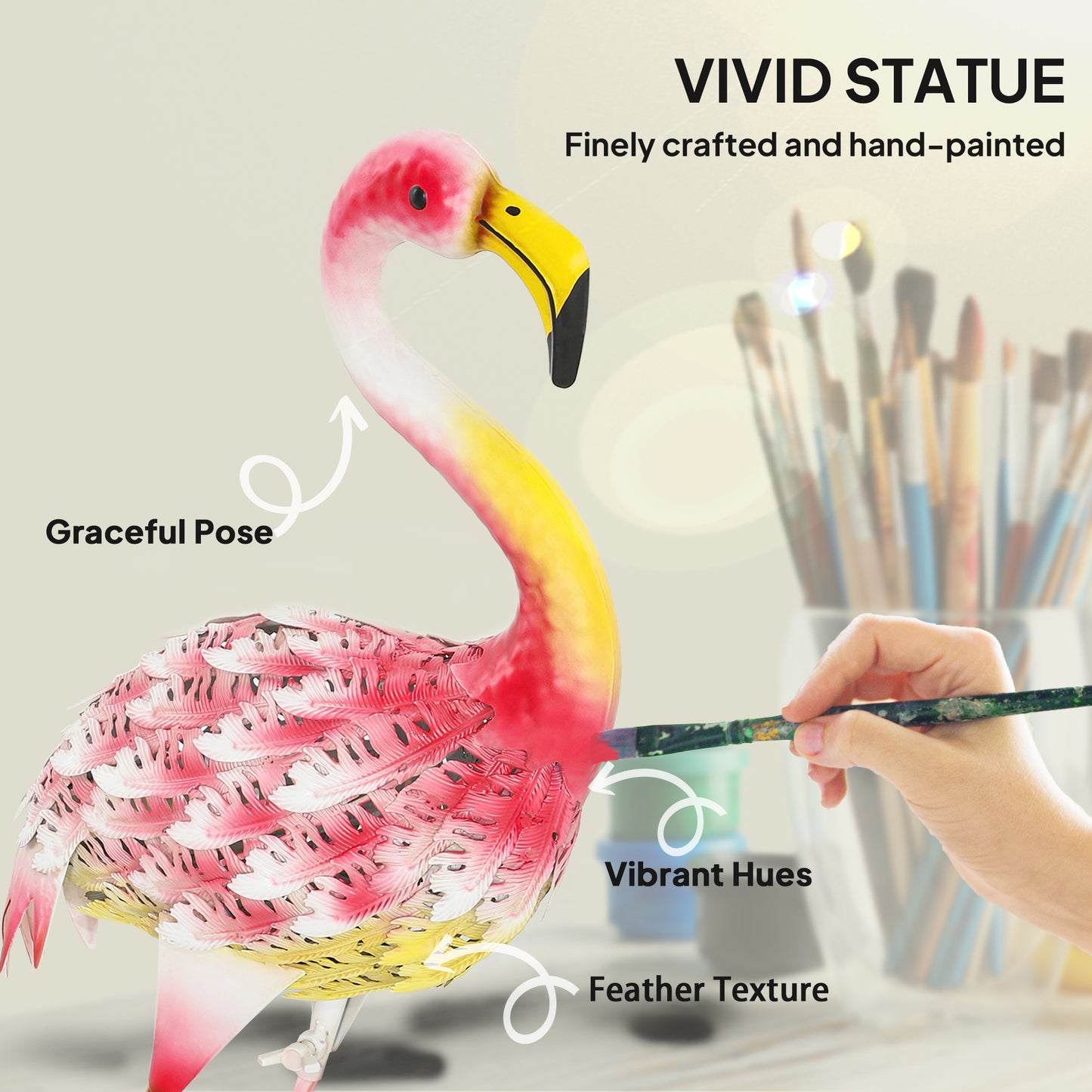 Outsunny Flamingo Garden Statue Ornament, Metal Bird Art Outdoor Statue, Stojąca rzeźba ogrodowa Prezent z kołkami do wbijania w ziemię do dekoracji krajobrazu stawu, Różowa