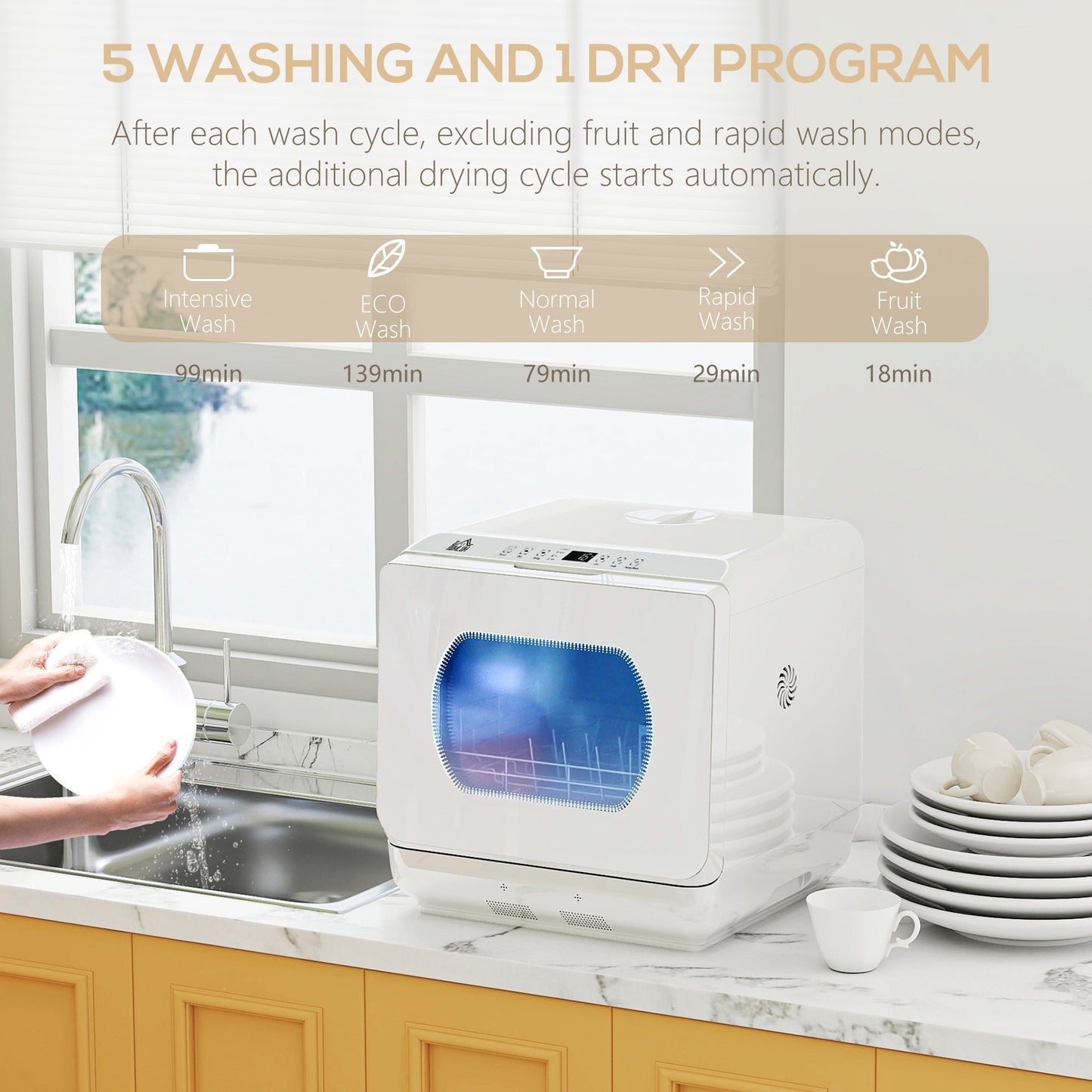HOMCOM Table Top Dishwasher with Built-in 6L Water Tank, Mini Countertop Dishwasher with 6 Programs, 4 Place Settings, White