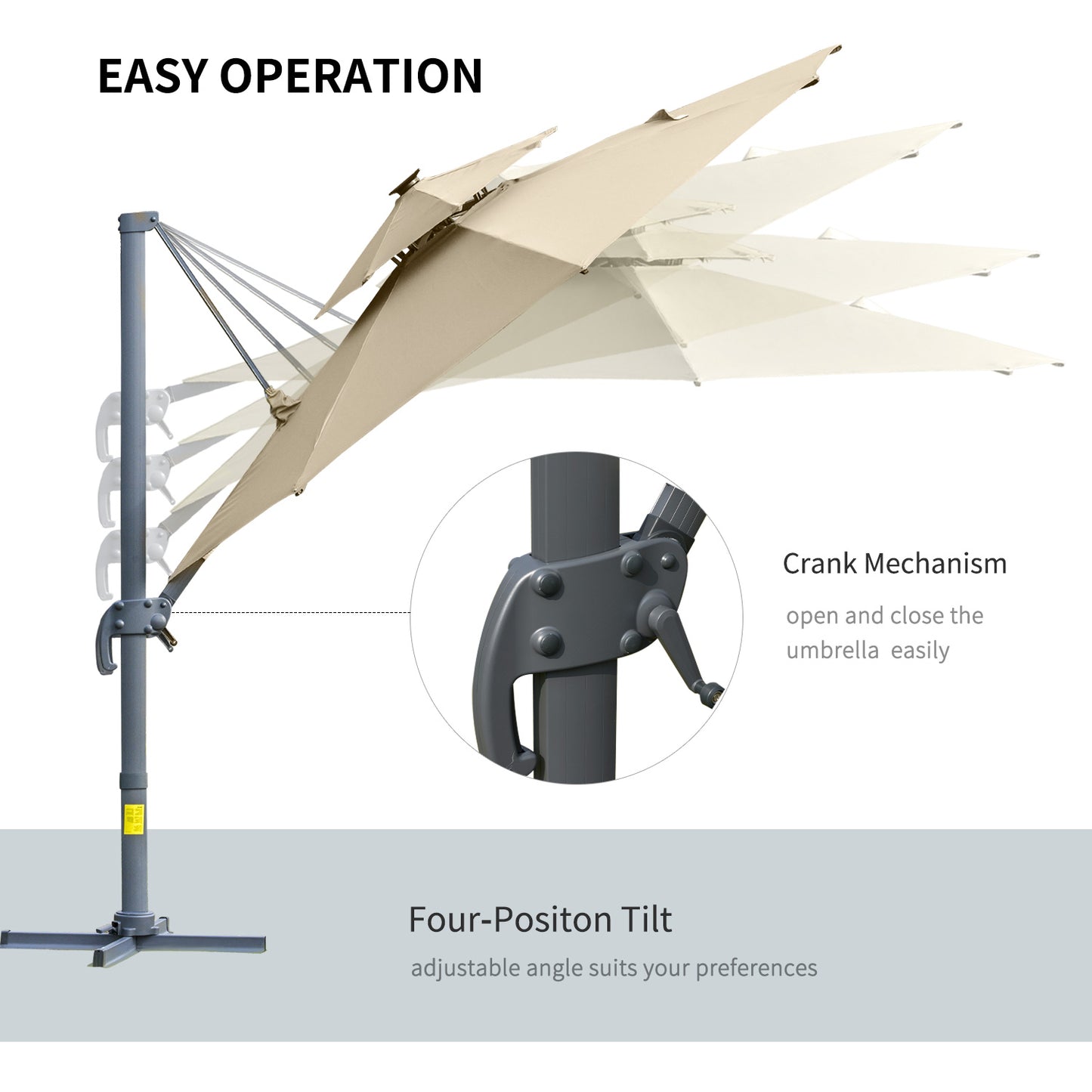 Outsunny 3m Cantilever Parasol z lampami solarnymi Power Bank Base 360° Spin Khaki