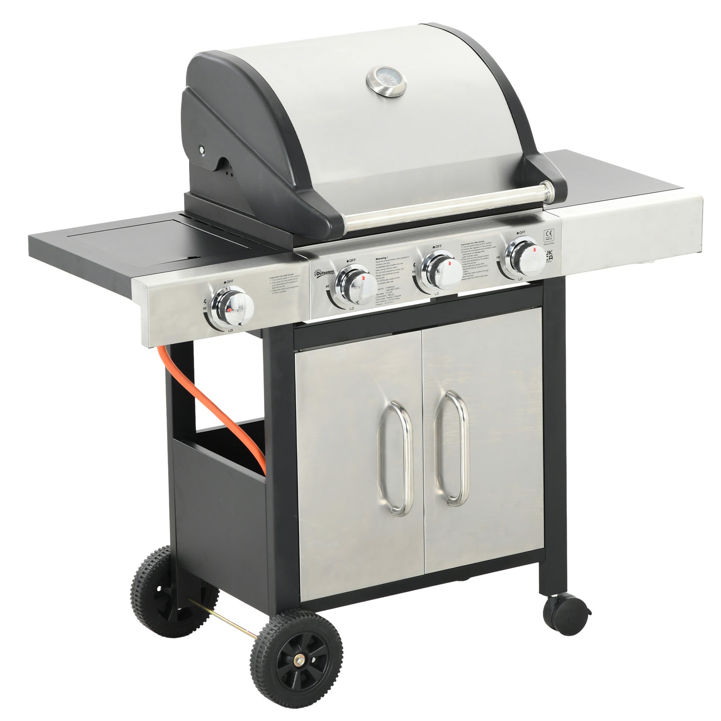 Grill gazowy Outsunny 3+1 palnik, wędzarnia ogrodowa, wózek do grillowania z bocznym palnikiem, półka grzewcza, boczne półki, szafka do przechowywania, termometr z zapłonem piezoelektrycznym, stal nierdzewna + metal