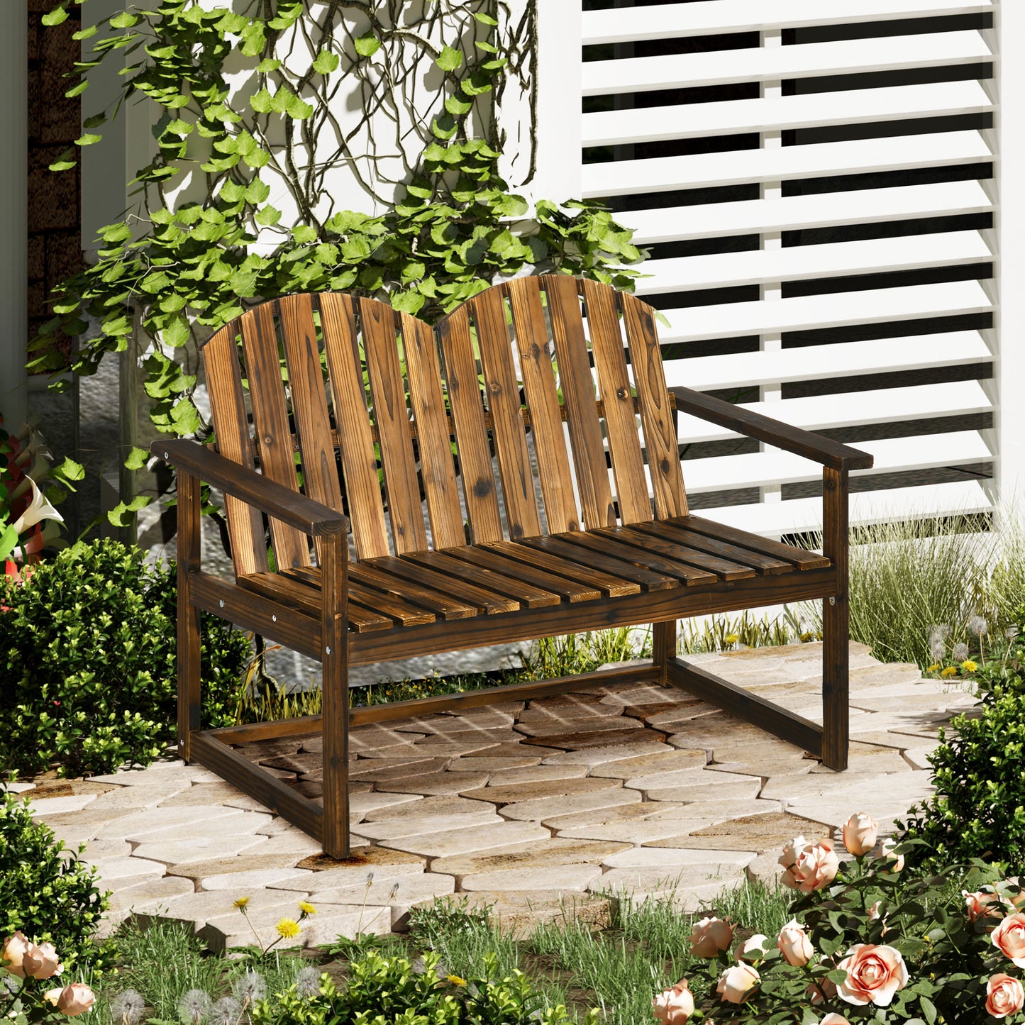 Outsunny Outdoor Drewniana Ławka Ogrodowa, Patio Doubleseat Chair z Listwowym Oparciem i Gładkimi Podłokietnikami dla Dwóch Osób, Do Ogrodu, Trawnika, Werandy, Wykończenie Karbonizowane