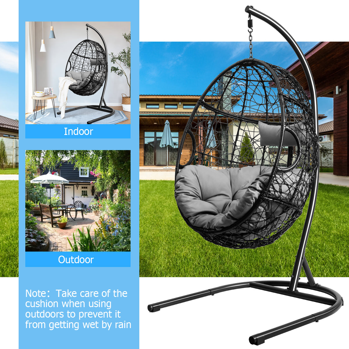 Egg Swing Chair with Stand and Ultraviolet-Resistant Seat Cushion-Grey