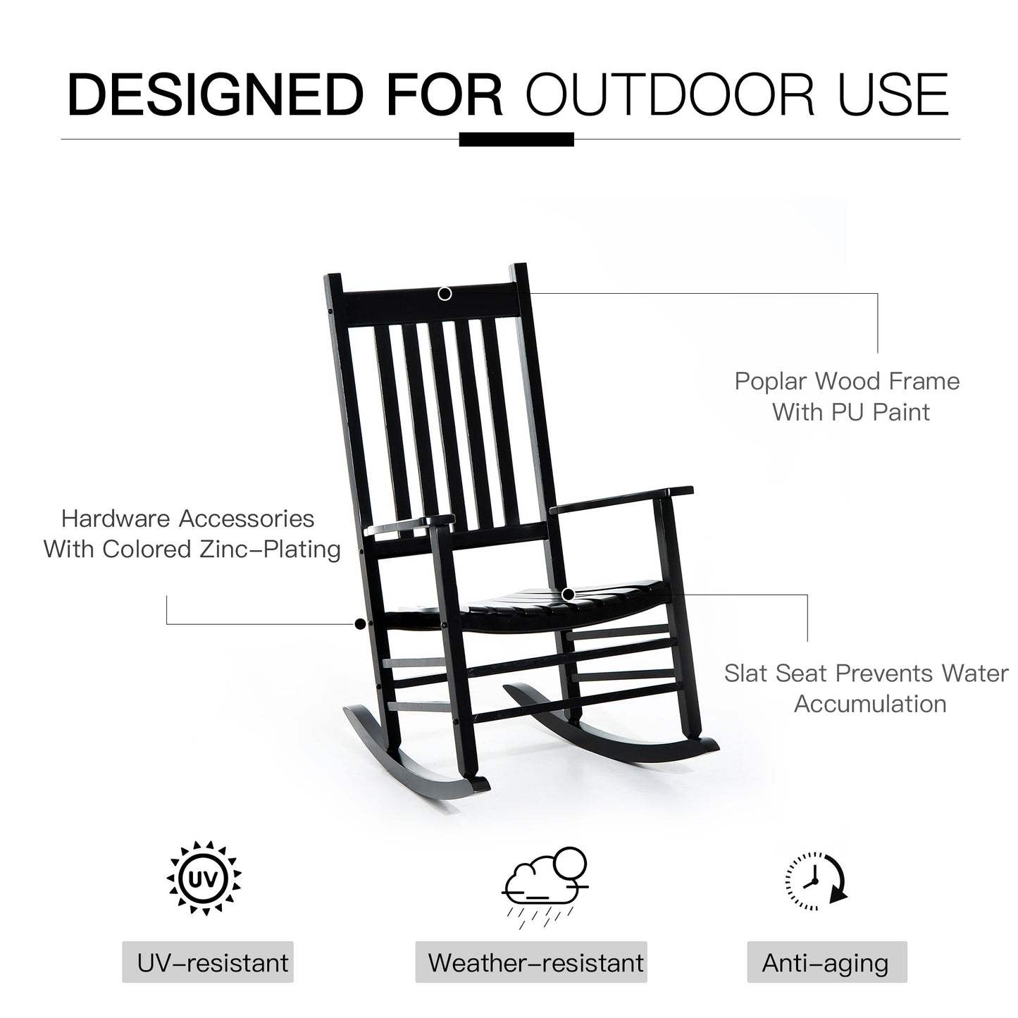 Outsunny Outdoor Porch Rocking Chair Fotel Drewniany Patio Rocker Balkon Taras Ogród Siedzisko Czarny