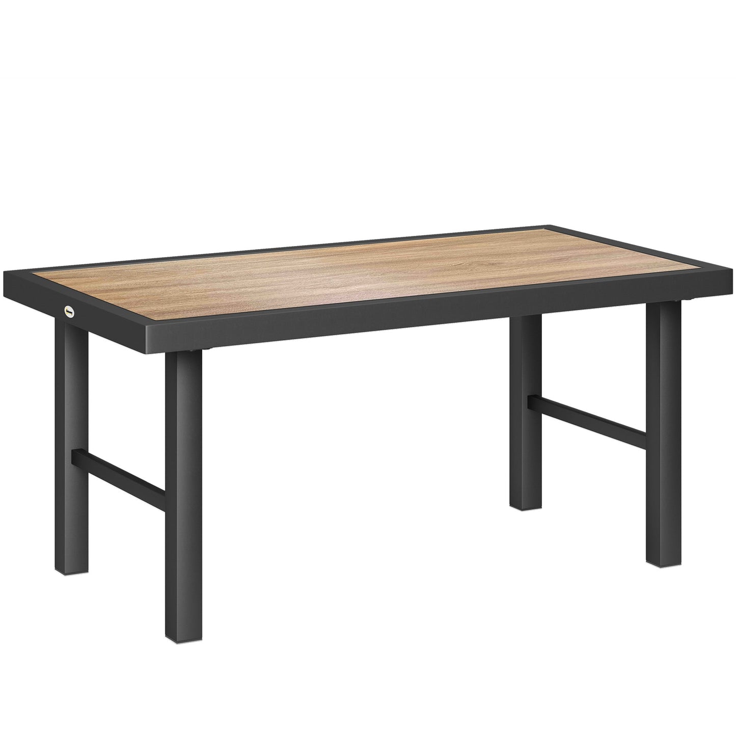 Outsunny Metalowy stolik kawowy do ogrodu, stolik boczny do użytku na zewnątrz z blatem SPC Woodgrain do ogrodu, na balkon, werandę, 100 x 53 x 46 cm, brązowy efekt drewna
