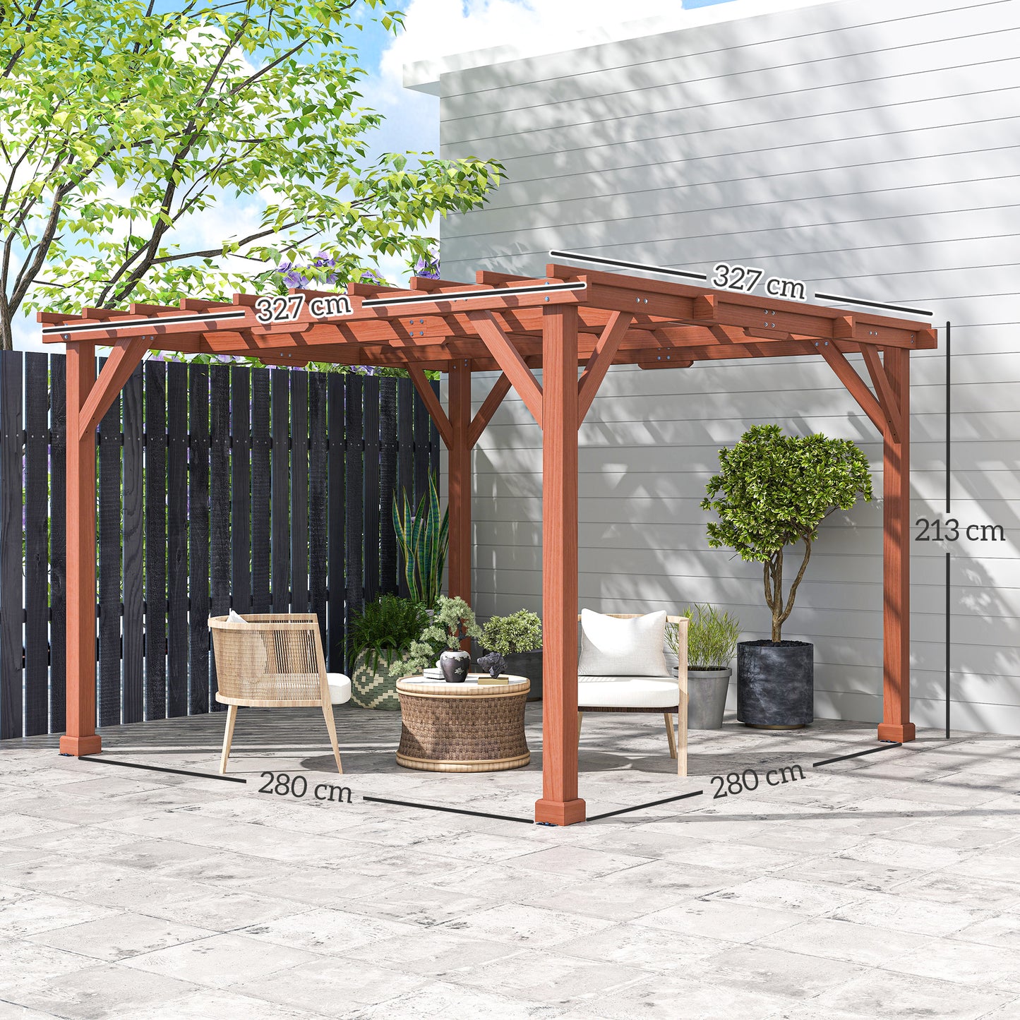Zestaw pergoli drewnianej Outsunny 3,3 x 3,3 m, altana Graden Pergola, kratka na winorośl ze stabilną konstrukcją dla pnączy, kwiaty