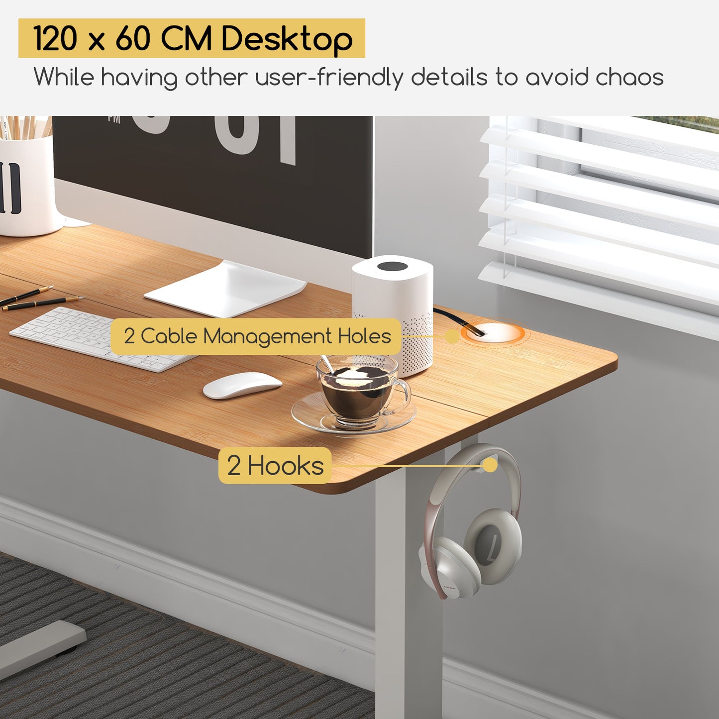 120 x 60cm Height Adjustable Standing Desk with 3 Memory Heights-Natural