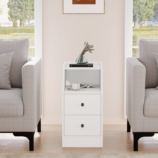 End Table with Charging Station & Storage Drawers for Small Space Living Room Bedroom-White