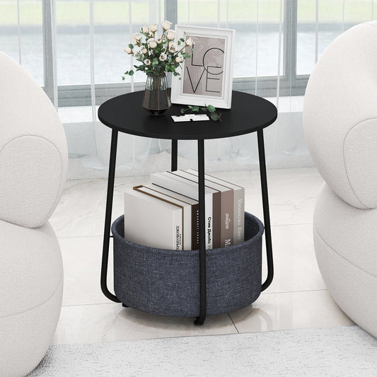 2-Tier End Table with Fabric Storage Basket and Metal Frame-Black