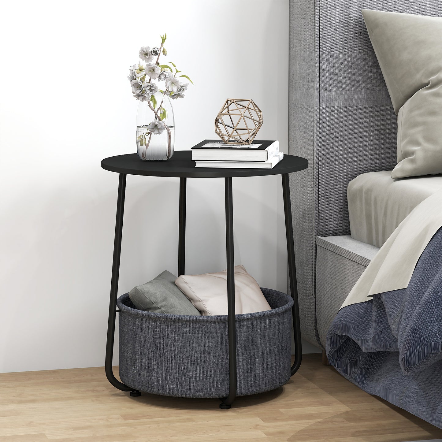 2-Tier End Table with Fabric Storage Basket and Metal Frame-Black