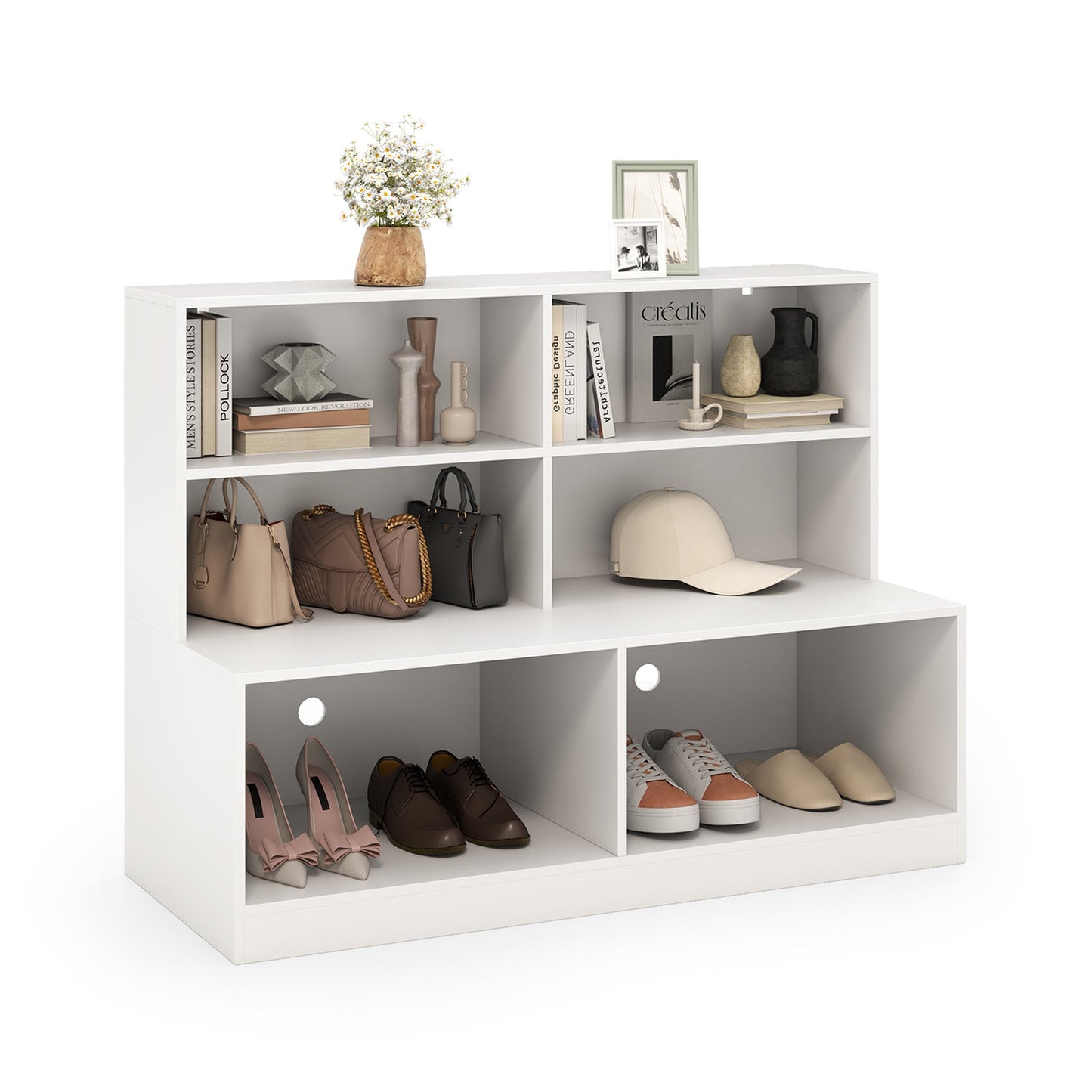 2-in-1 Entryway Shoe Cabinet with 2 Anti-tipping Kits for Living Room-White