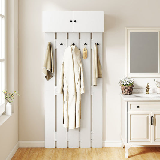Entryway Wall Mounted Coat Rack Coat Rack with 5 Double Hooks and 2-Door Cabinet-White