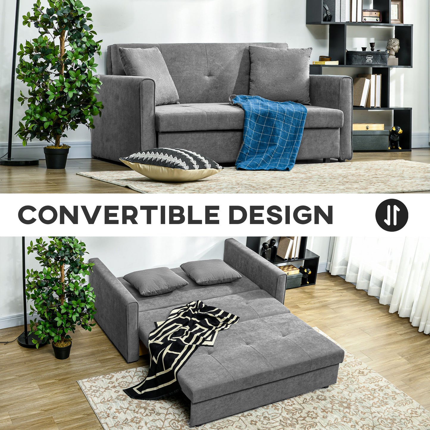 HOMCOM 2 Seater Sofa Bed, Convertible Bed Settee, Modern Cotton Loveseat Sofa Couch with 2 Cushions, Hidden Storage for Living Room, Guest Room, Light Grey