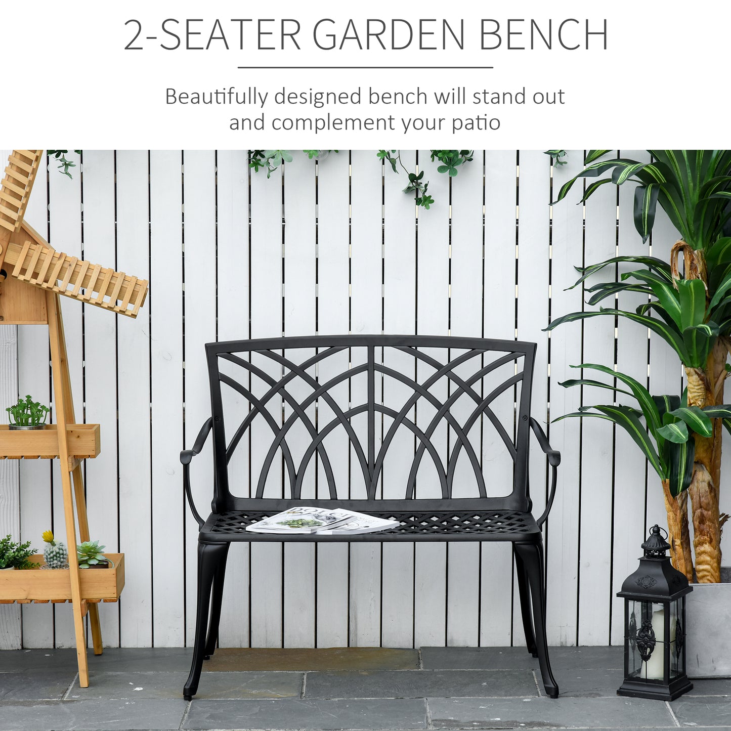 Outsunny 2-osobowa ławka ogrodowa z odlewu aluminiowego Loveseat Outdoor Furniture Chair z dekoracyjnym oparciem i ergonomicznym podłokietnikiem na patio, taras lub werandę