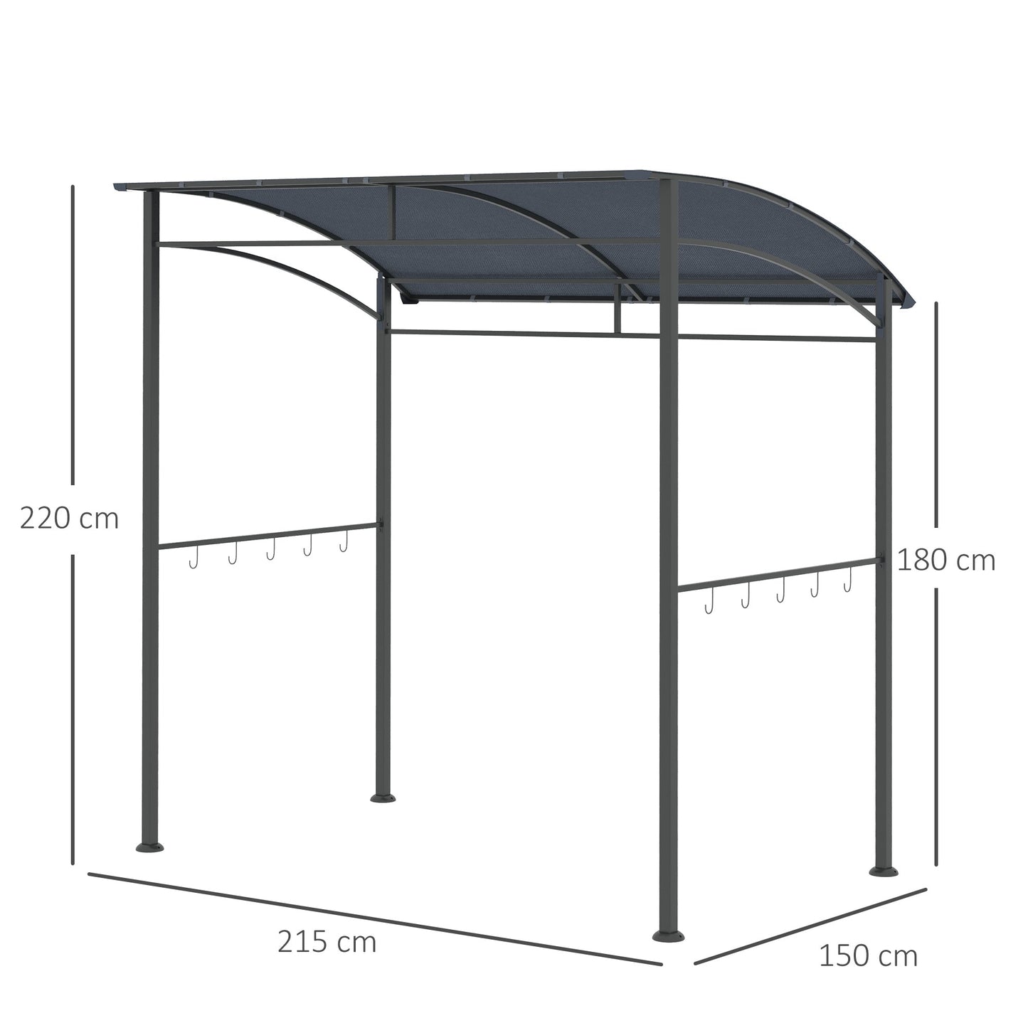 Outsunny 2.2 x 1.5 m BBQ Grill Gazebo Tent, Garden Grill with Metal Frame, Curved Canopy and 10 Hooks, Outdoor Sun Shade, Dark Grey