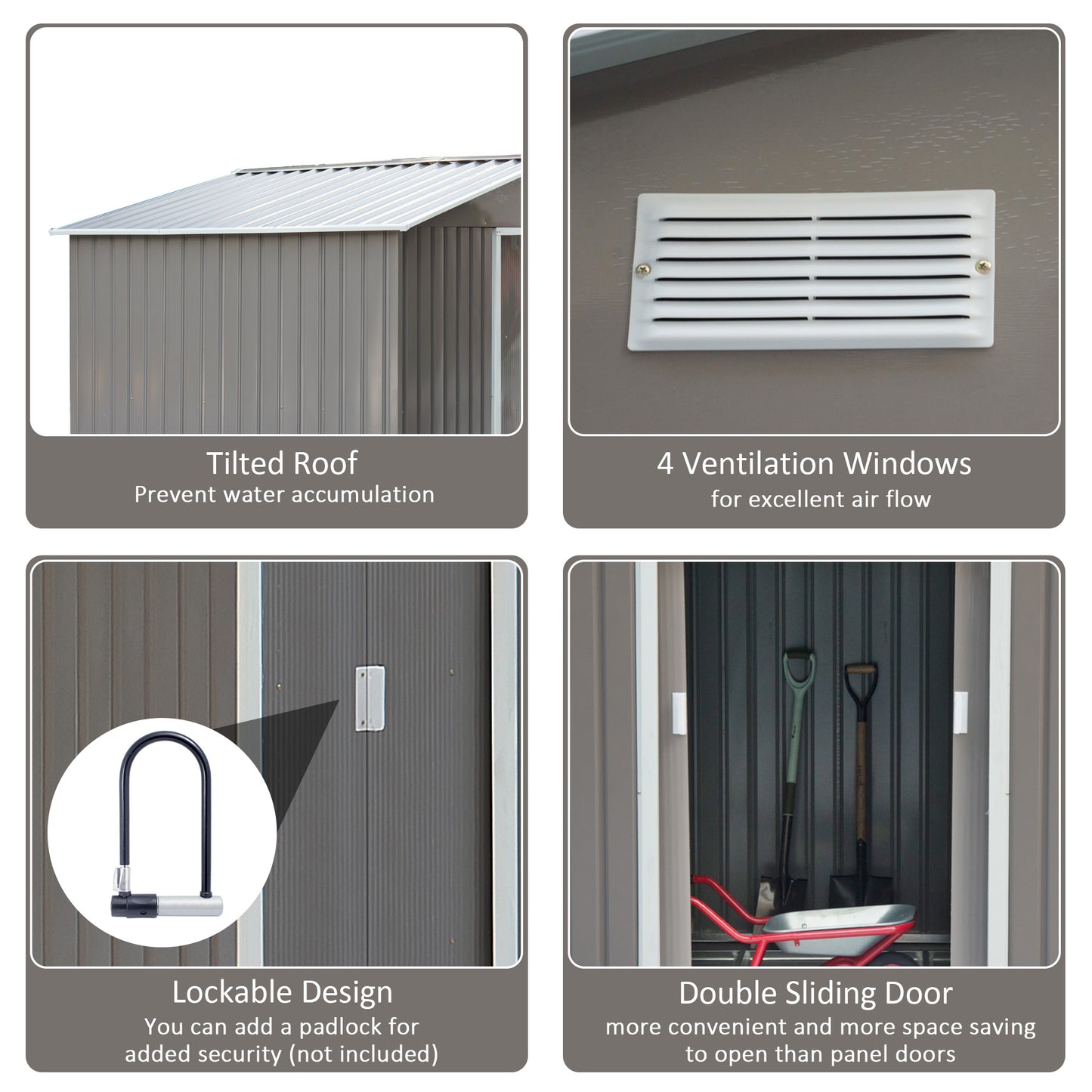 Outsunny 9 x 6FT Outdoor Garden Roofed Metal Storage Shed Tool Box z wentylacją fundamentową i drzwiami Jasny, szary
