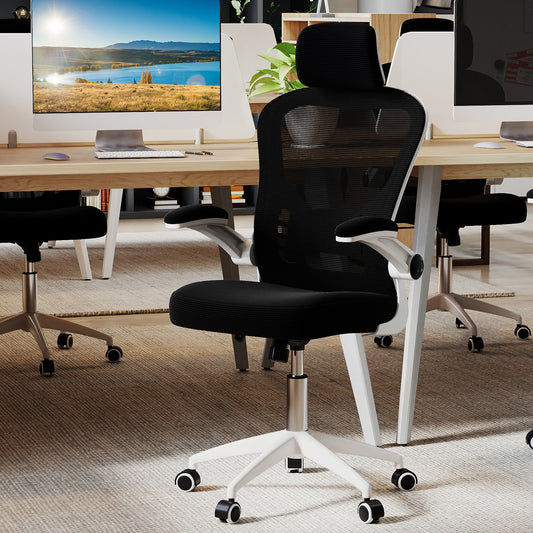 Ergonomic Mesh Office Chair with Breathable Backrest and Flip-up Armrests-Black & White