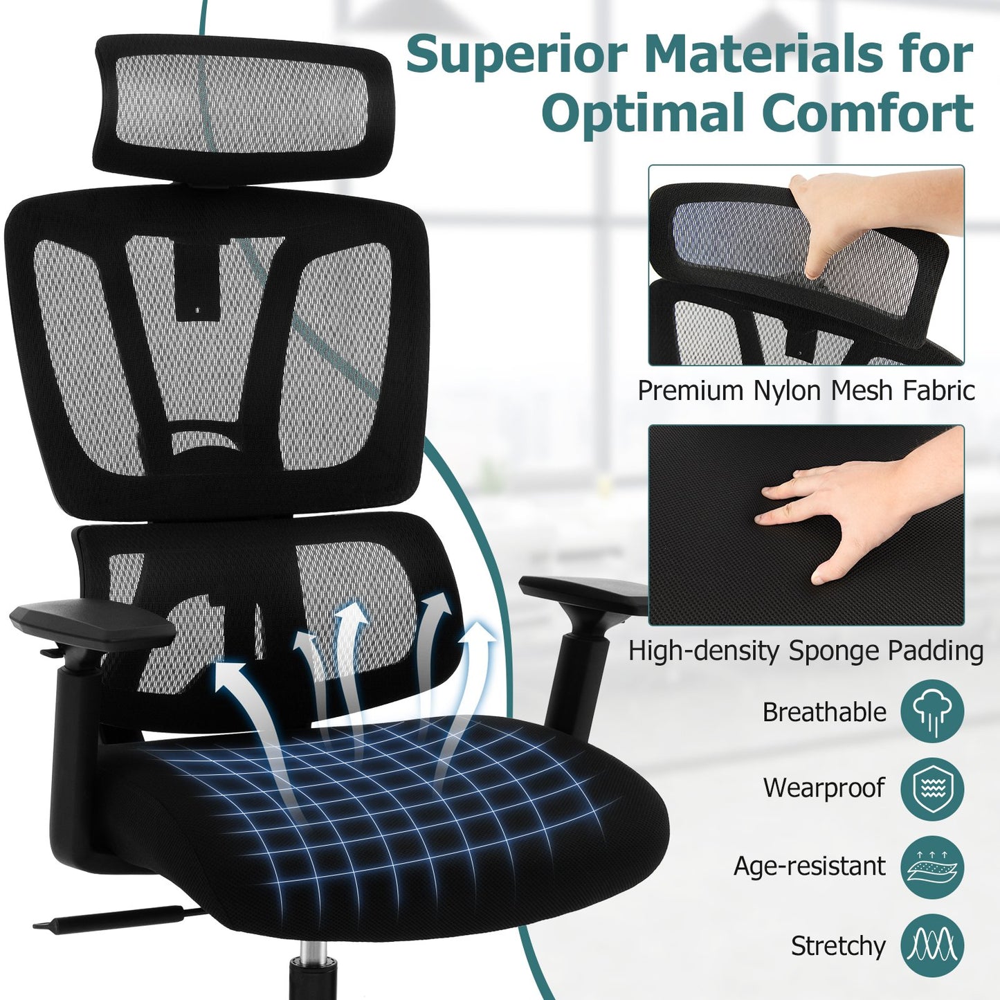 Ergonomic Mesh Office Chair with N Type Lumbar Support-Black