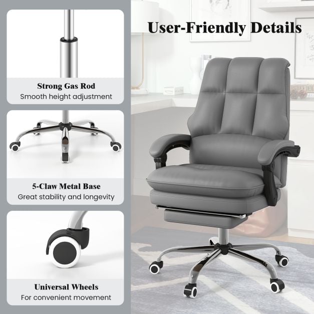Ergonomic Office Chair PU Leather Adjustable Swivel with Reclining Backrest-Grey