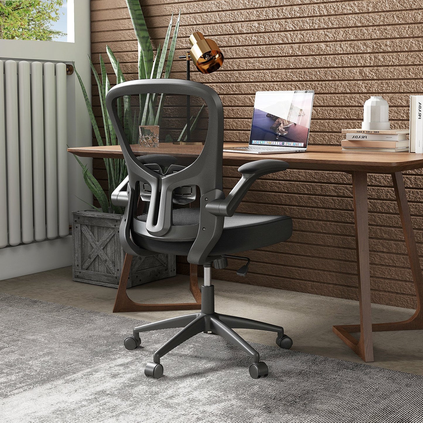 Ergonomiczny fotel biurowy, regulowany, obrotowy, siatkowy fotel roboczy z podnoszonymi podłokietnikami - czarny