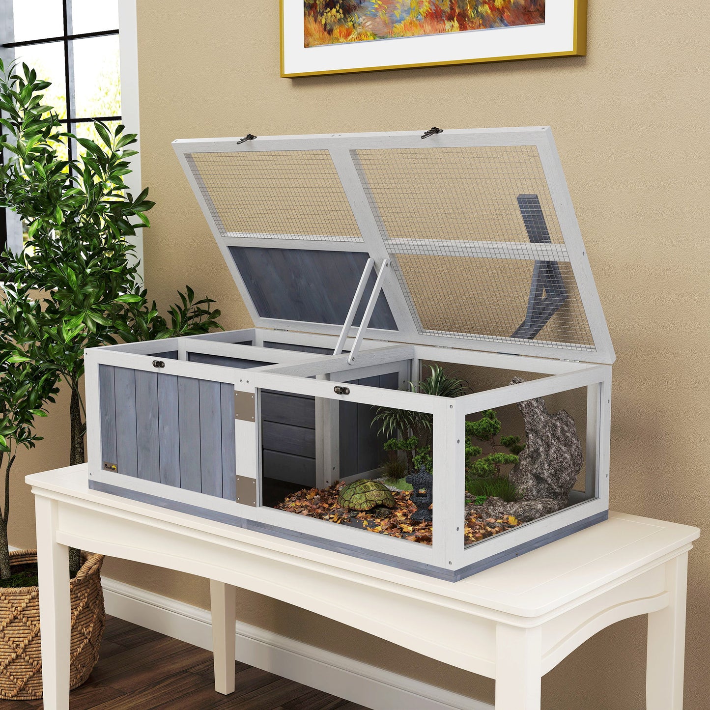 PawHut Wooden Tortoise House with Lamp Holder, Clear Windows, Openable Tops, Built-In Tray, Light Grey