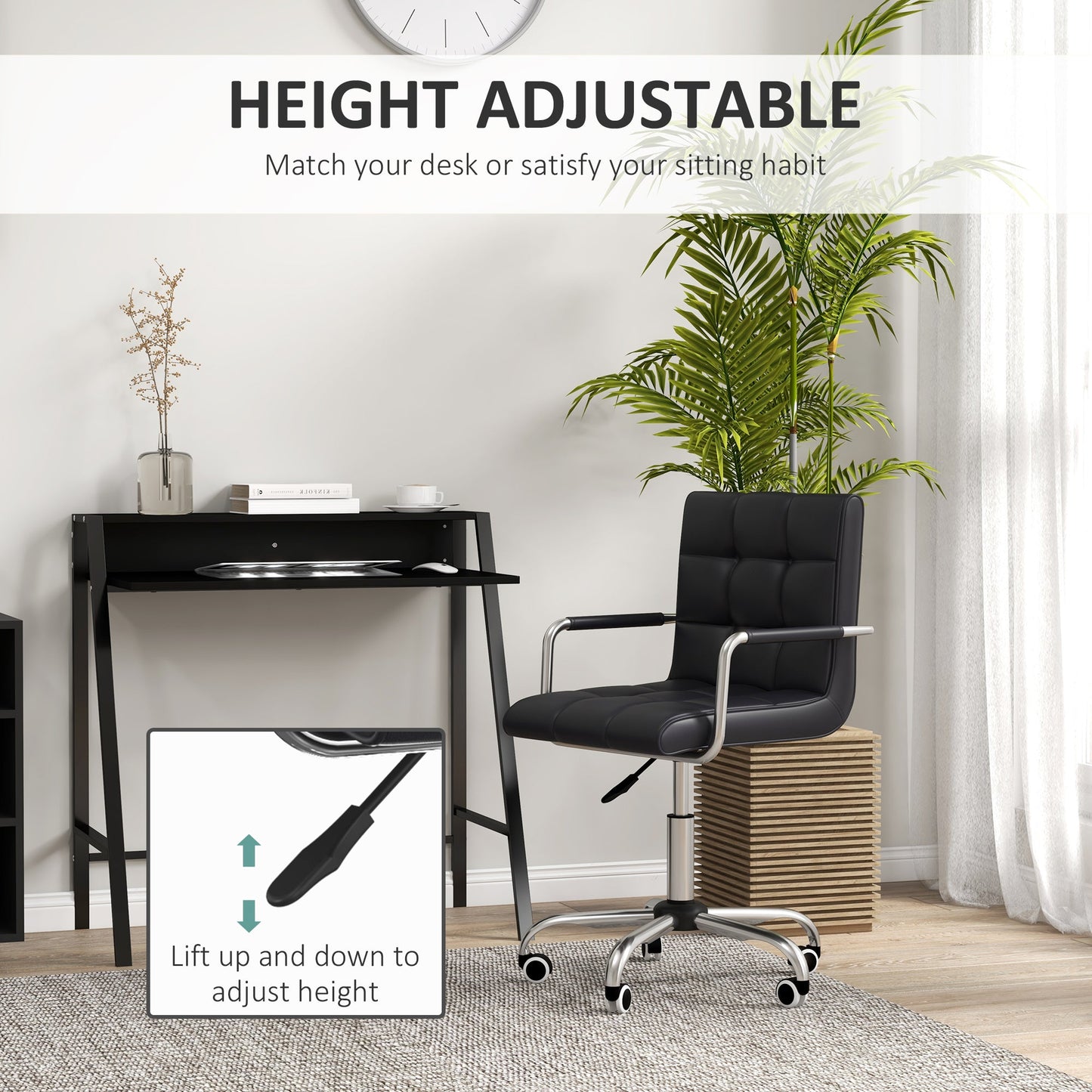Zestaw HOMCOM Home Office Chair i Computer Desk, Fotel biurowy ze sztucznej skóry z kółkami obrotowymi, Biurko do nauki z półką do przechowywania, Czarny