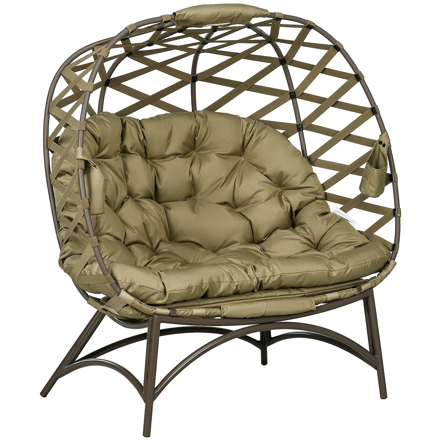 Fotel ogrodowy Outsunny 2-osobowy Egg Chair Outdoor, składany, pleciony, z poduszką i kieszeniami na kubki – khaki