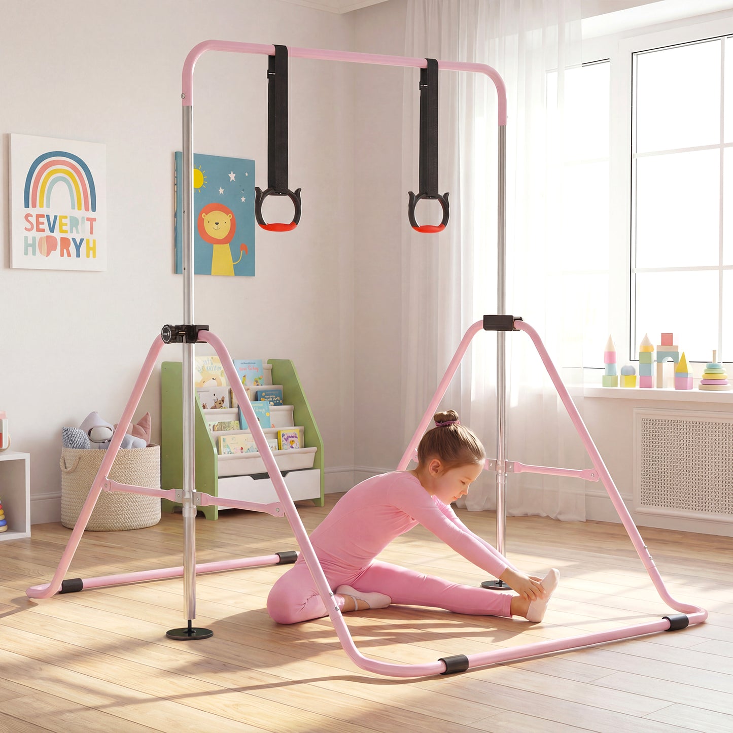 Expandable Gymnastic Bar for Kids 4-Level Height Adjustable Gymnastic Bar-Pink
