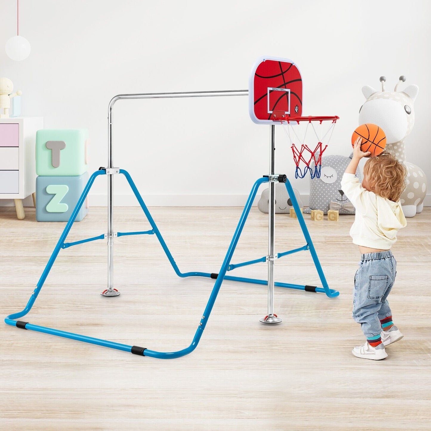Expandable Gymnastics Bar with Basketball Hoop for Kids Juniors-Blue