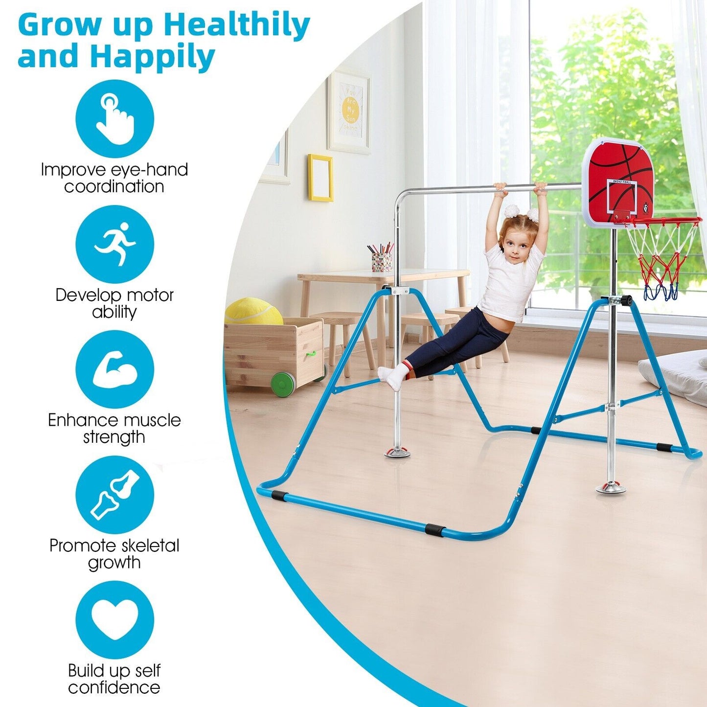 Expandable Gymnastics Bar with Basketball Hoop for Kids Juniors-Blue
