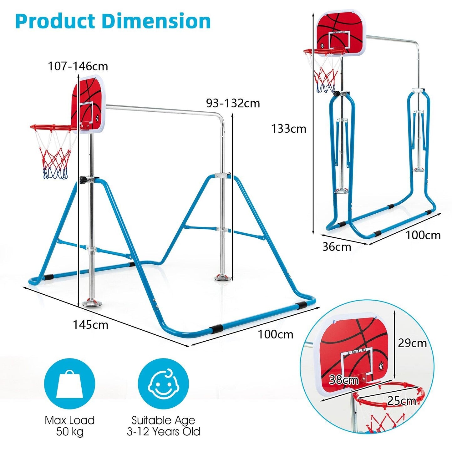 Expandable Gymnastics Bar with Basketball Hoop for Kids Juniors-Blue