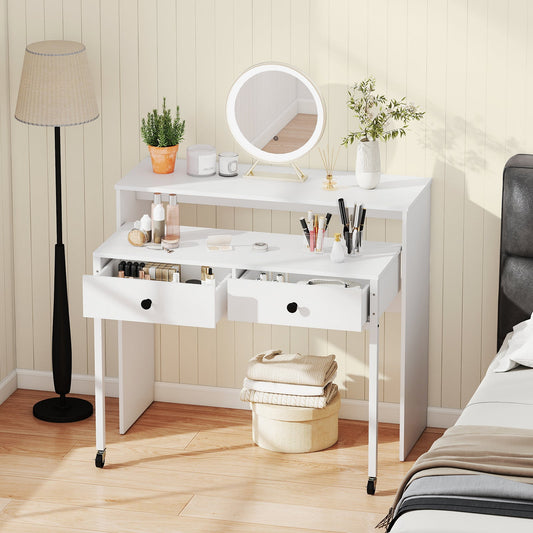 Extendable Computer Desk with 2 Storage Drawers Convertible Home Office Desk -White